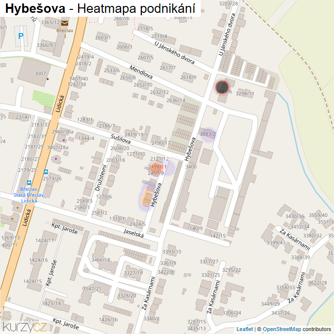 Mapa Hybešova - Firmy v ulici.