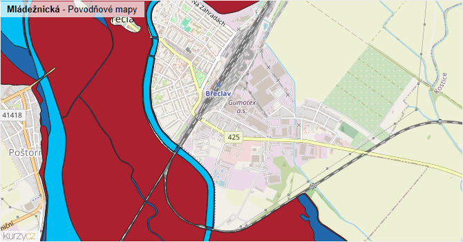 Mládežnická - záplavové mapy stoleté vody