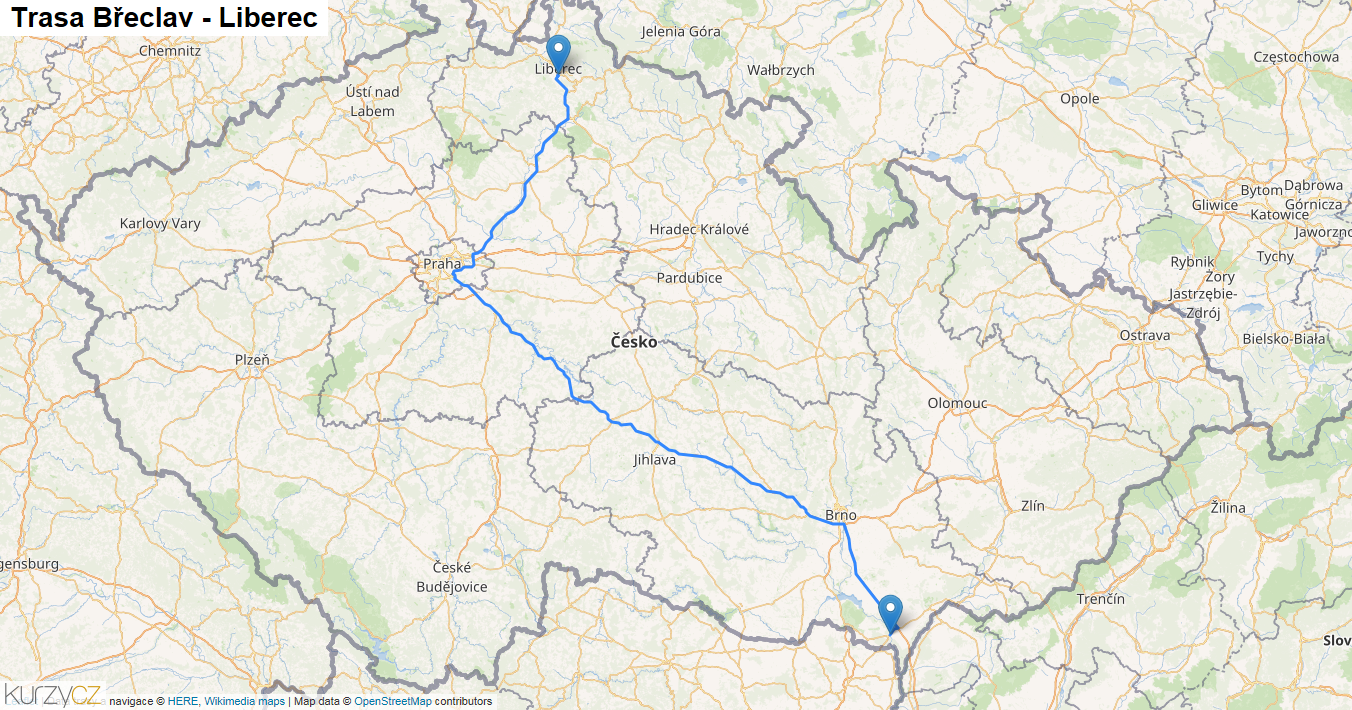 Břeclav-Liberec, mapa trasy