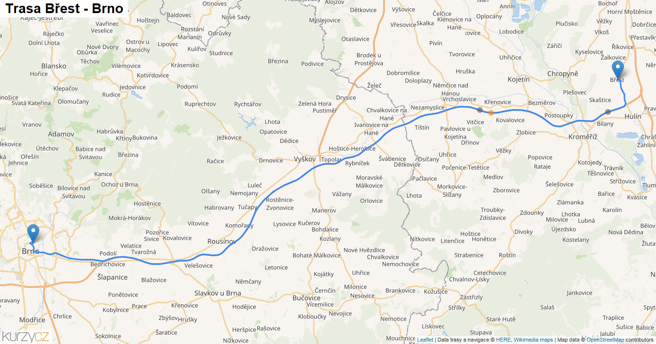 Břest-Brno, mapa trasy
