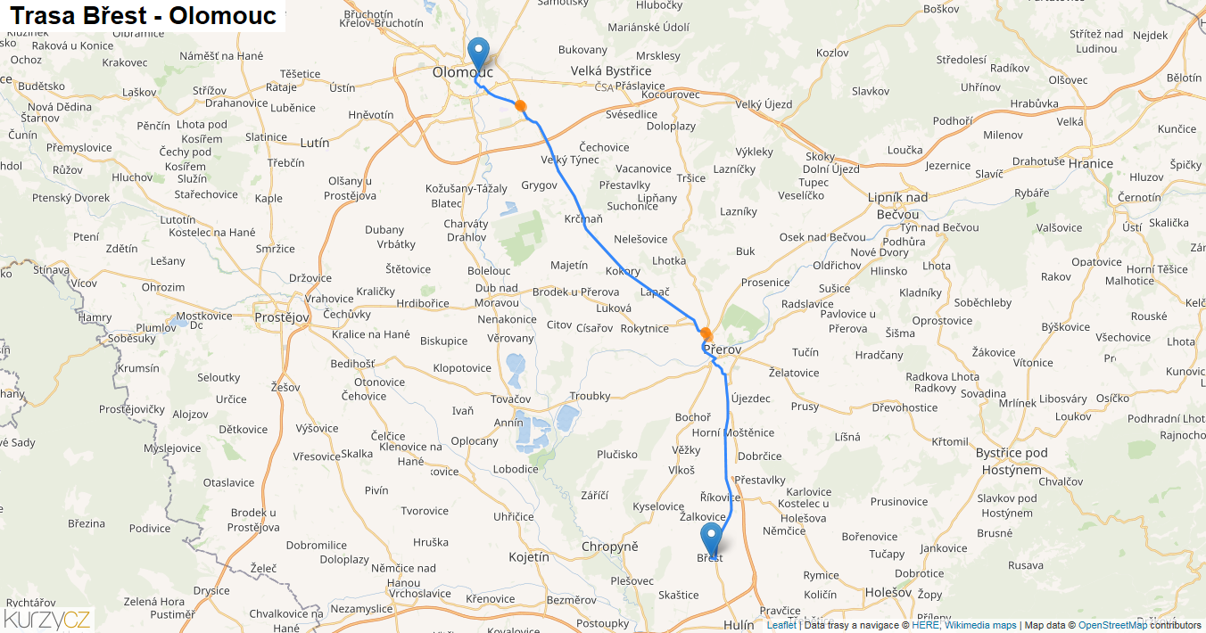 Břest-Olomouc, mapa trasy