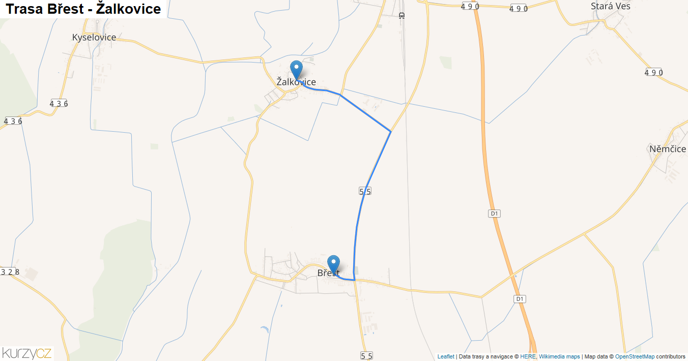 Břest-Žalkovice, mapa trasy