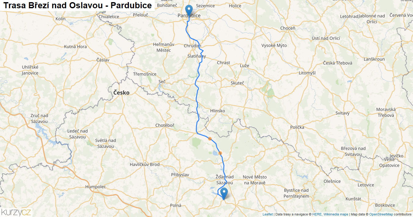 Březí nad Oslavou-Pardubice, mapa trasy