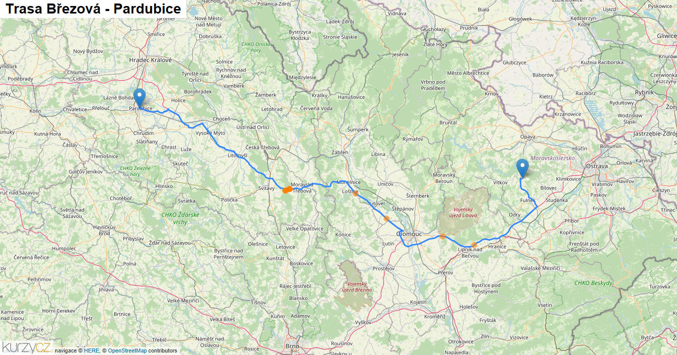 Březová-Pardubice, mapa trasy
