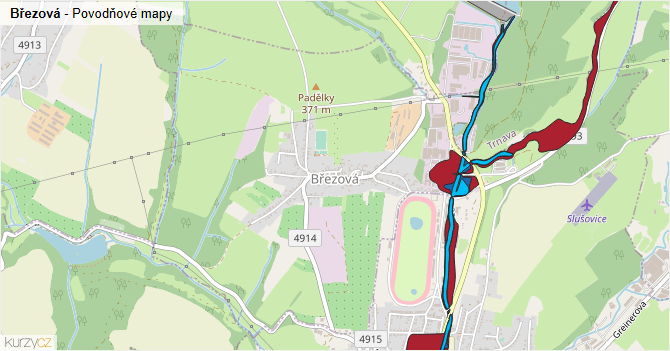 Březová - záplavové mapy stoleté vody