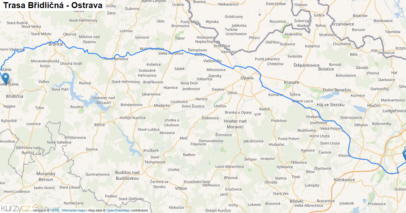 Břidličná-Ostrava, mapa trasy
