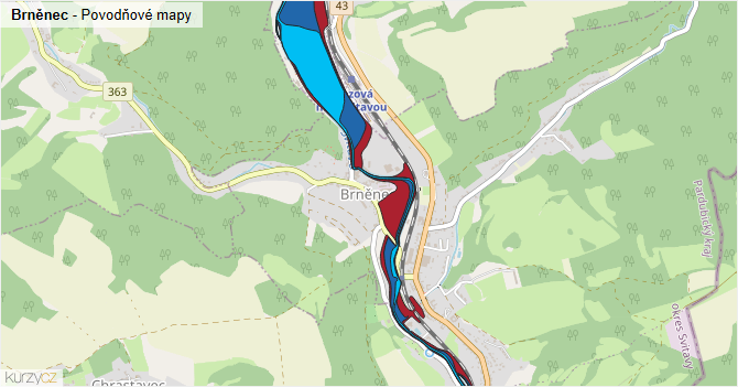 Brněnec - záplavové mapy stoleté vody