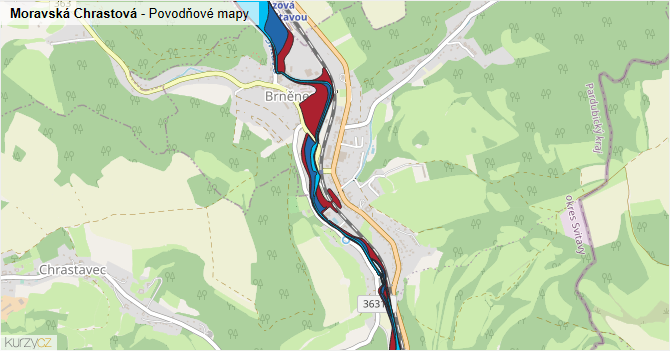 Moravská Chrastová - záplavové mapy stoleté vody