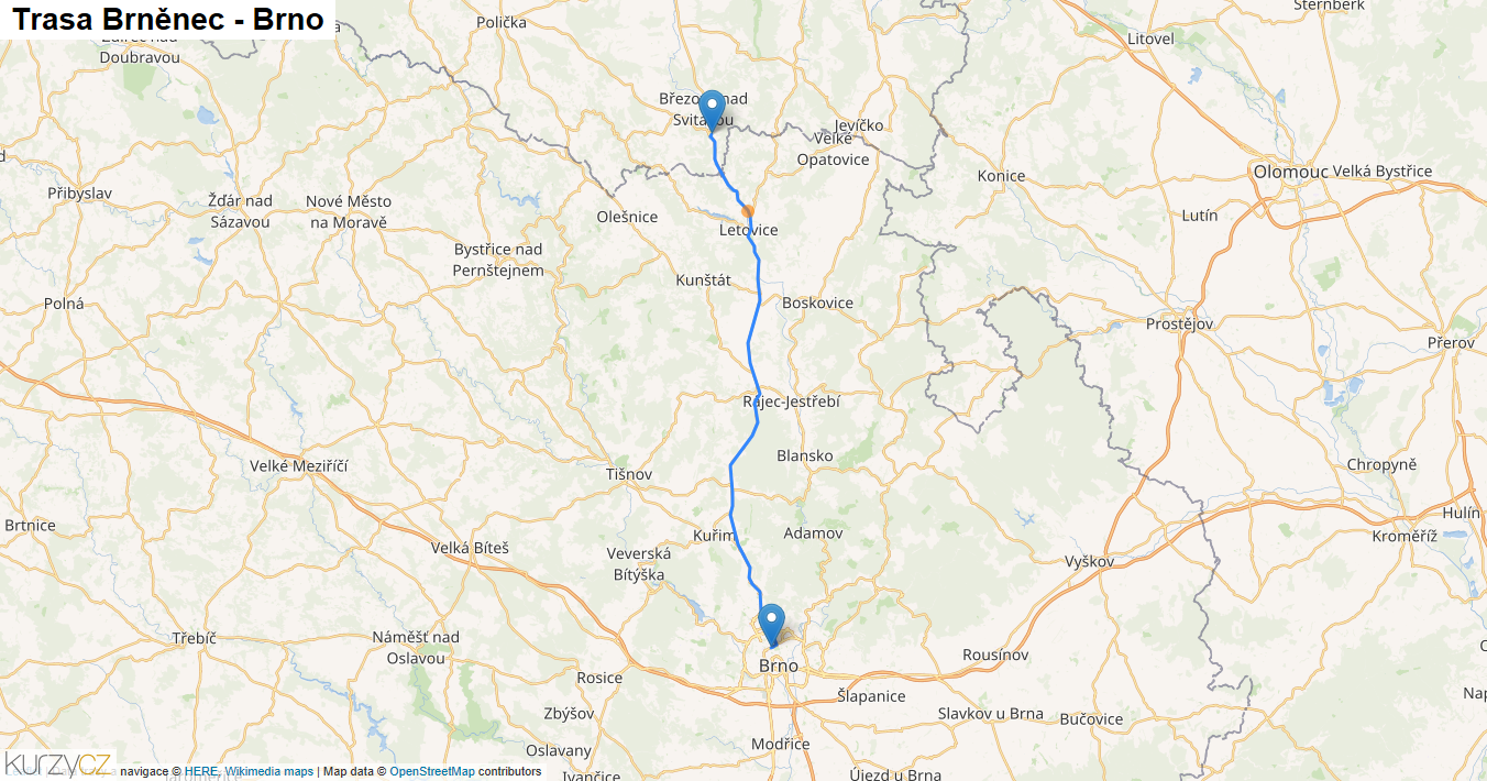 Brněnec-Brno, mapa trasy