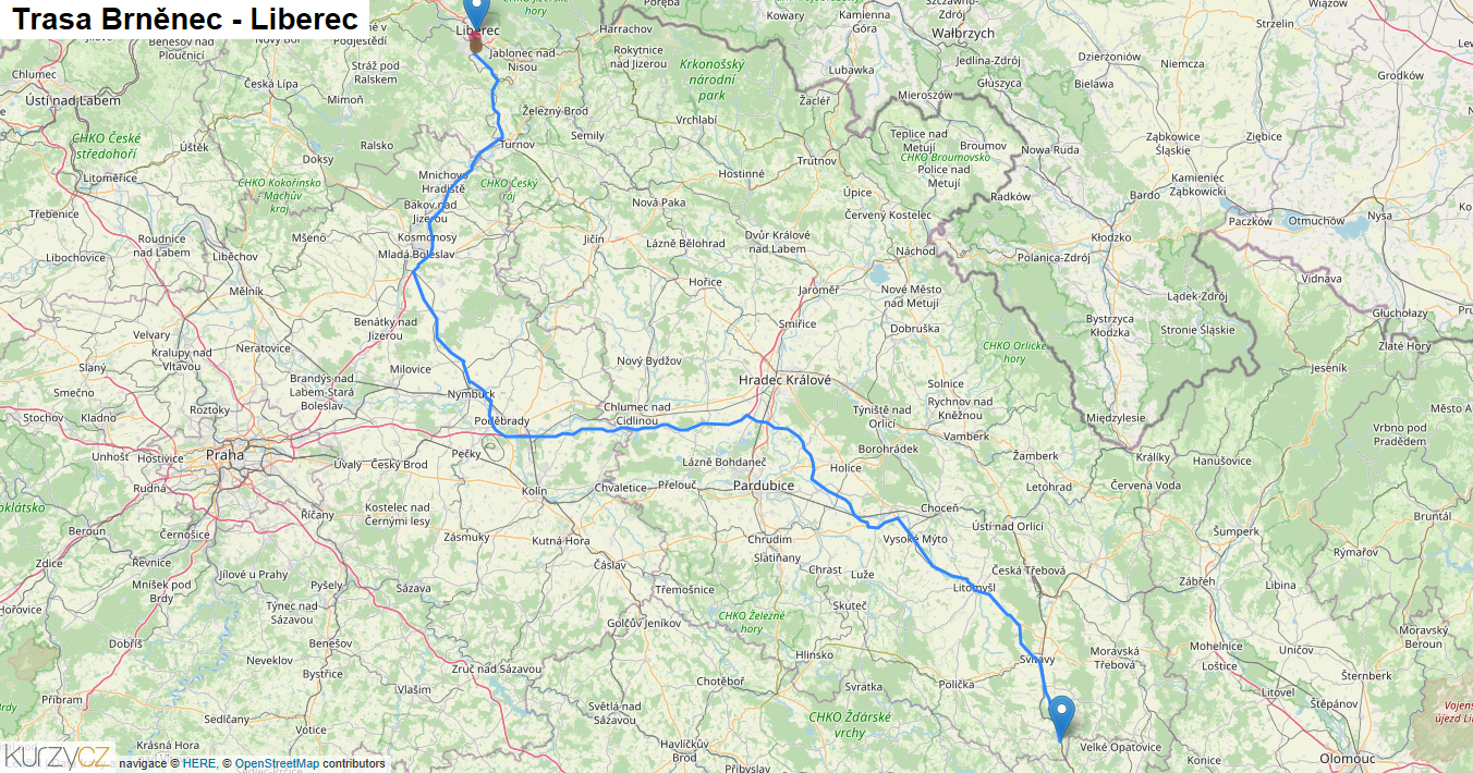 Brněnec-Liberec, mapa trasy