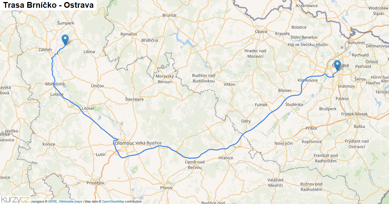 Brníčko-Ostrava, mapa trasy