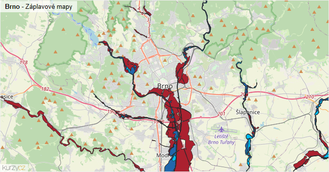 Brno - záplavové mapy stoleté vody