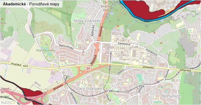 Akademická - záplavové mapy stoleté vody