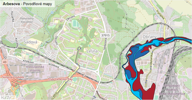 Arbesova - záplavové mapy stoleté vody