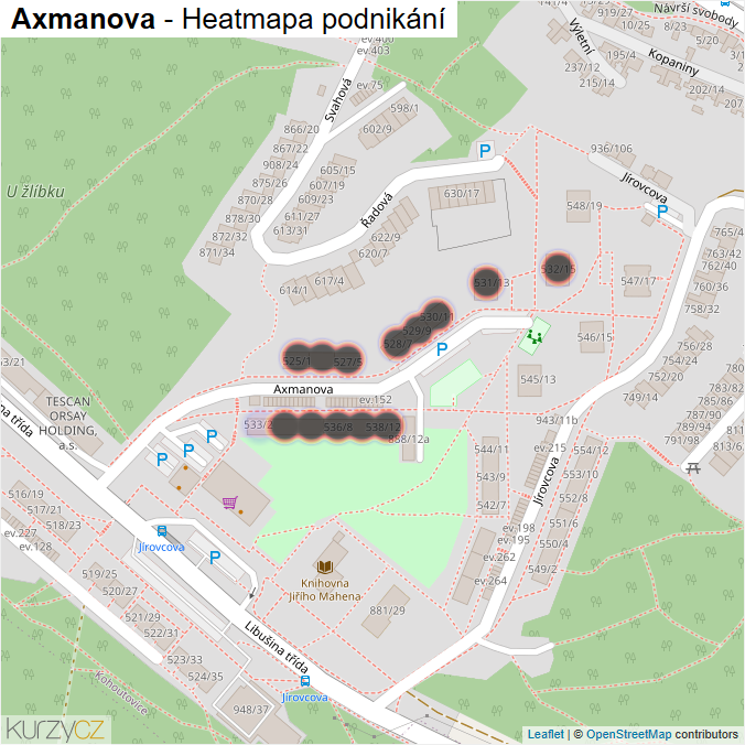 Mapa Axmanova - Firmy v ulici.