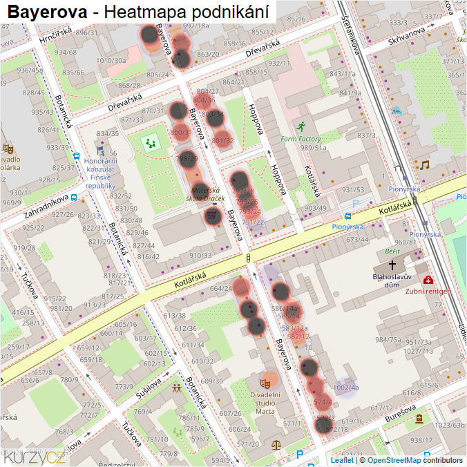 Mapa Bayerova - Firmy v ulici.