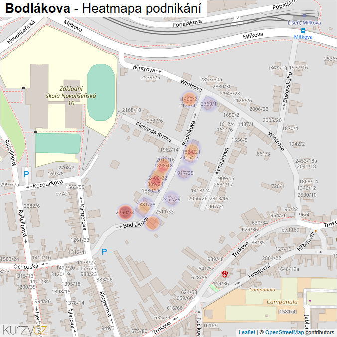 Mapa Bodlákova - Firmy v ulici.