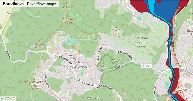 Borodinova - záplavové mapy stoleté vody