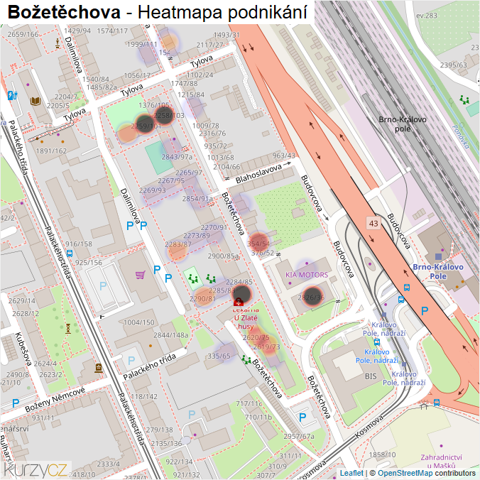 Mapa Božetěchova - Firmy v ulici.