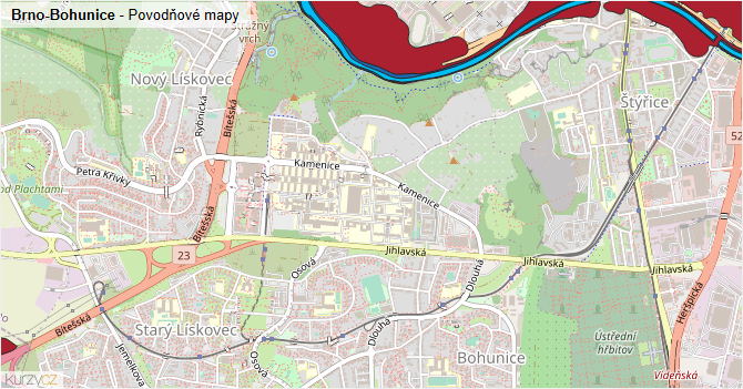 Brno-Bohunice - záplavové mapy stoleté vody