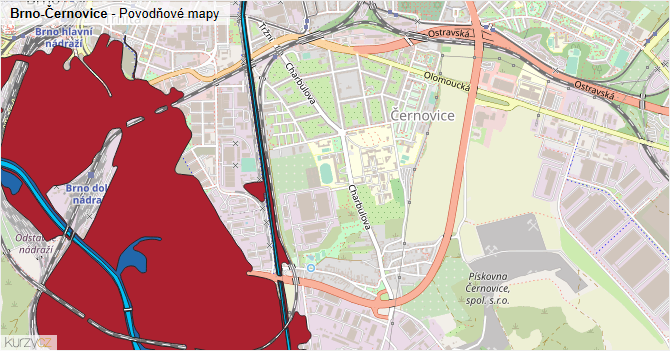 Brno-Černovice - záplavové mapy stoleté vody