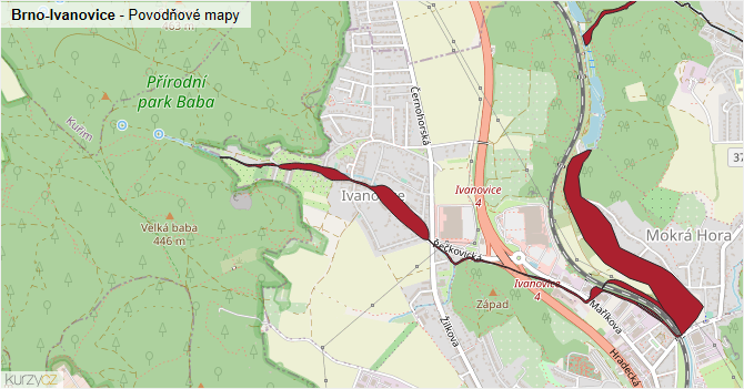 Brno-Ivanovice - záplavové mapy stoleté vody
