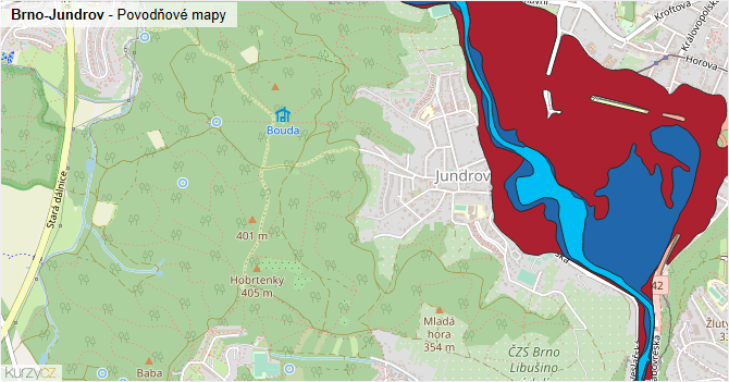 Brno-Jundrov - záplavové mapy stoleté vody