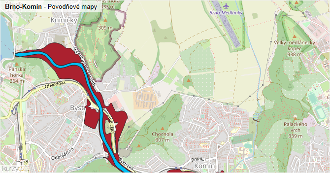 Brno-Komín - záplavové mapy stoleté vody
