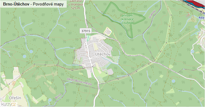 Brno-Útěchov - záplavové mapy stoleté vody