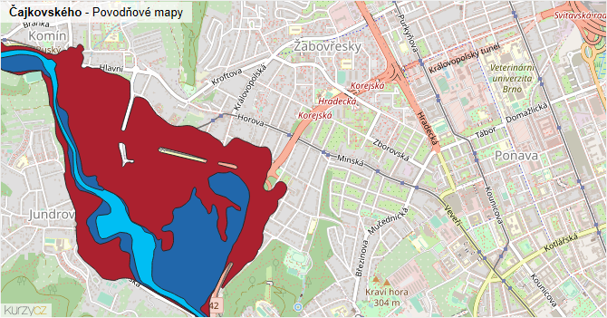 Čajkovského - záplavové mapy stoleté vody