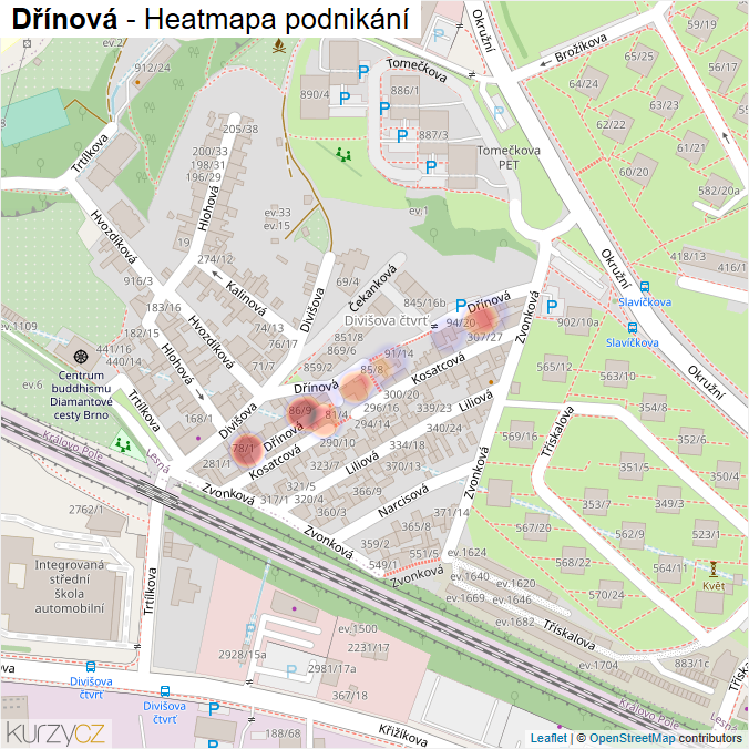 Mapa Dřínová - Firmy v ulici.