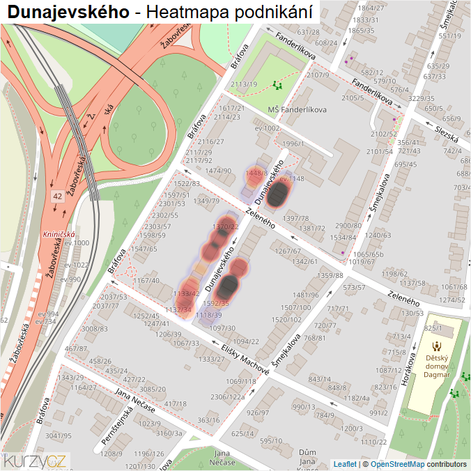 Mapa Dunajevského - Firmy v ulici.