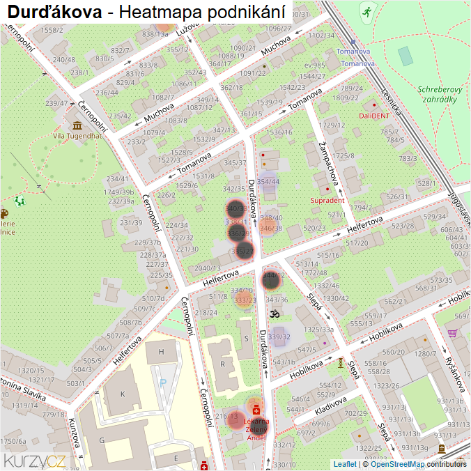 Mapa Durďákova - Firmy v ulici.