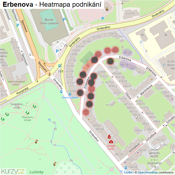Mapa Erbenova - Firmy v ulici.