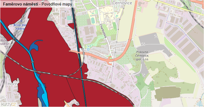 Faměrovo náměstí - záplavové mapy stoleté vody