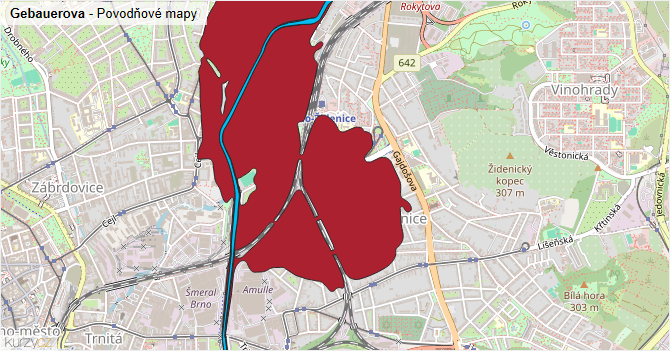Gebauerova - záplavové mapy stoleté vody