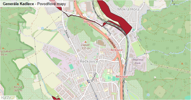 Generála Kadlece - záplavové mapy stoleté vody