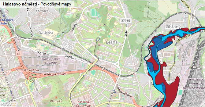 Halasovo náměstí - záplavové mapy stoleté vody