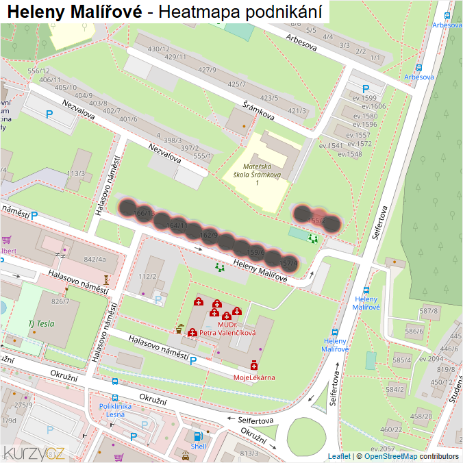 Mapa Heleny Malířové - Firmy v ulici.