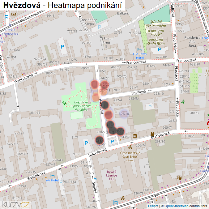 Mapa Hvězdová - Firmy v ulici.