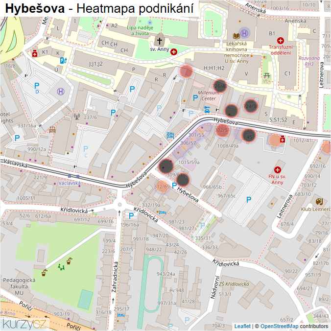 Mapa Hybešova - Firmy v ulici.