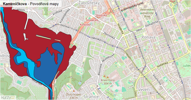 Kameníčkova - záplavové mapy stoleté vody