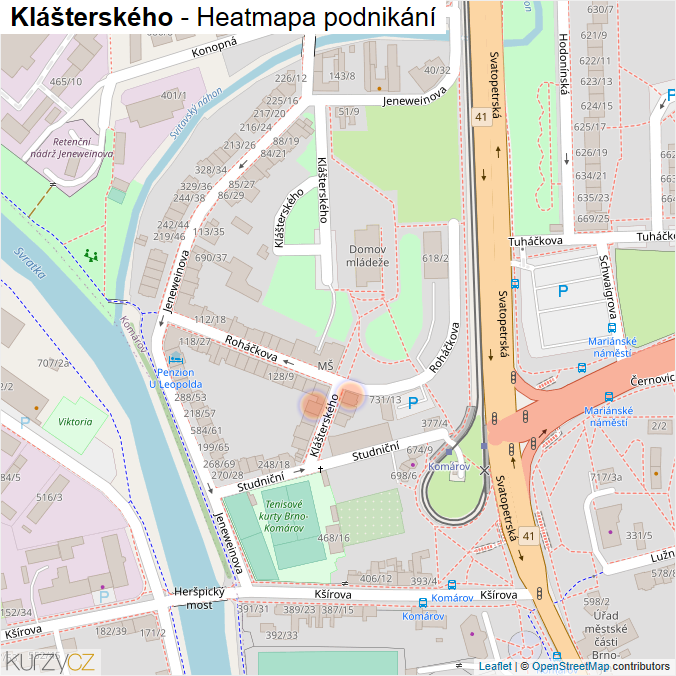 Mapa Klášterského - Firmy v ulici.