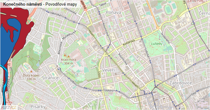 Konečného náměstí - záplavové mapy stoleté vody