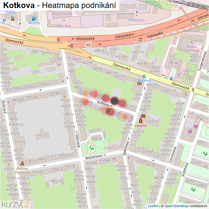 Mapa Kotkova - Firmy v ulici.