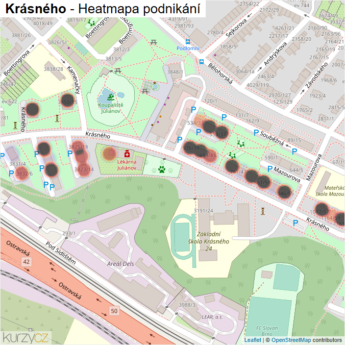 Mapa Krásného - Firmy v ulici.