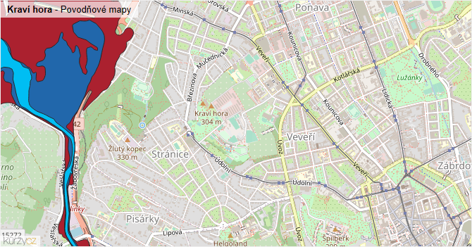 Kraví hora - záplavové mapy stoleté vody
