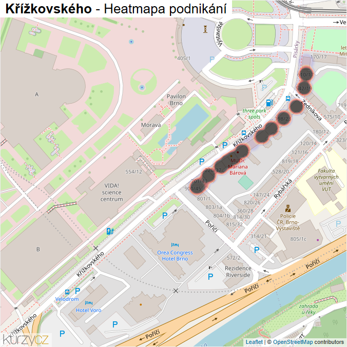 Mapa Křížkovského - Firmy v ulici.