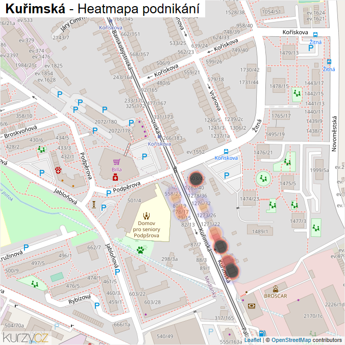 Mapa Kuřimská - Firmy v ulici.