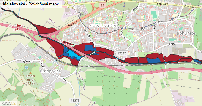 Malešovská - záplavové mapy stoleté vody